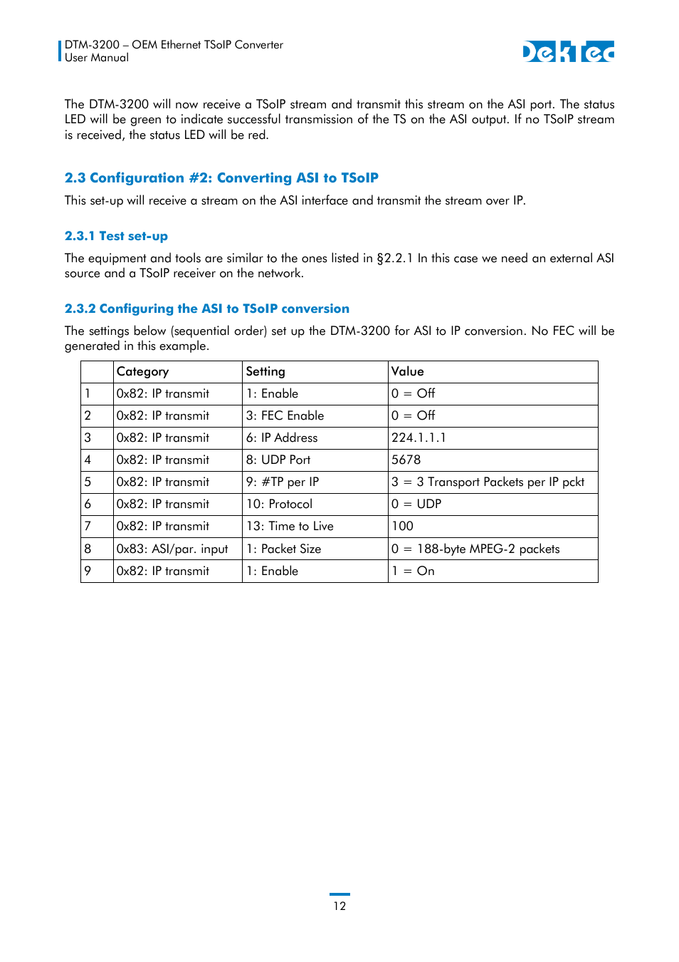 3 configuration #2: converting asi to tsoip, 1 test set-up, 2 configuring the asi to tsoip conversion | DekTec DTM-3200 IP-ASI Converter User Manual | Page 12 / 43