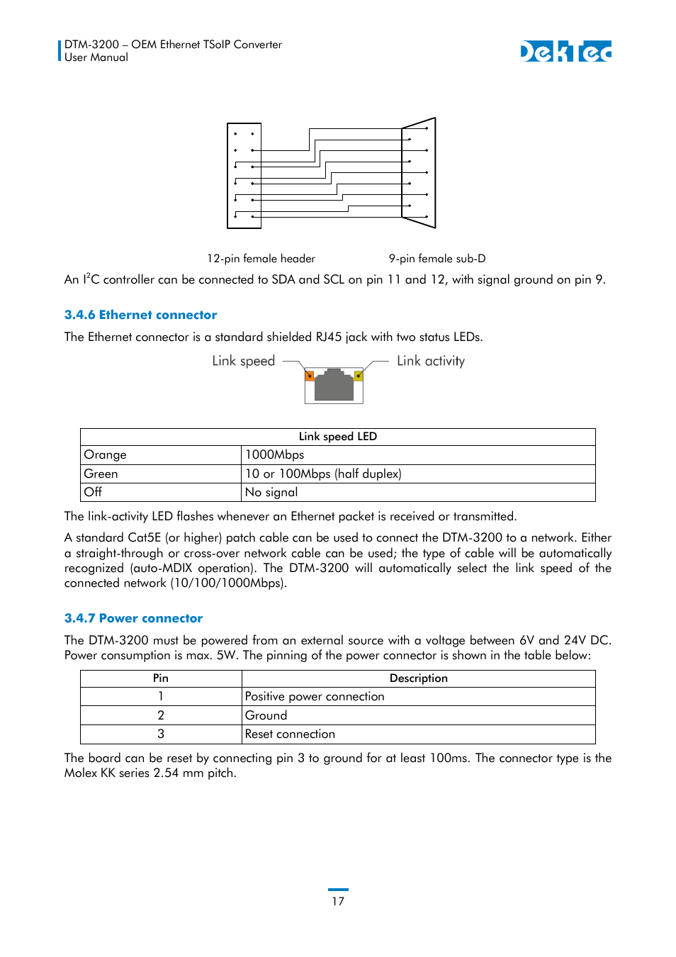 6 ethernet connector, 7 power connector | DekTec DTM-3200 IP-ASI Converter User Manual | Page 17 / 43