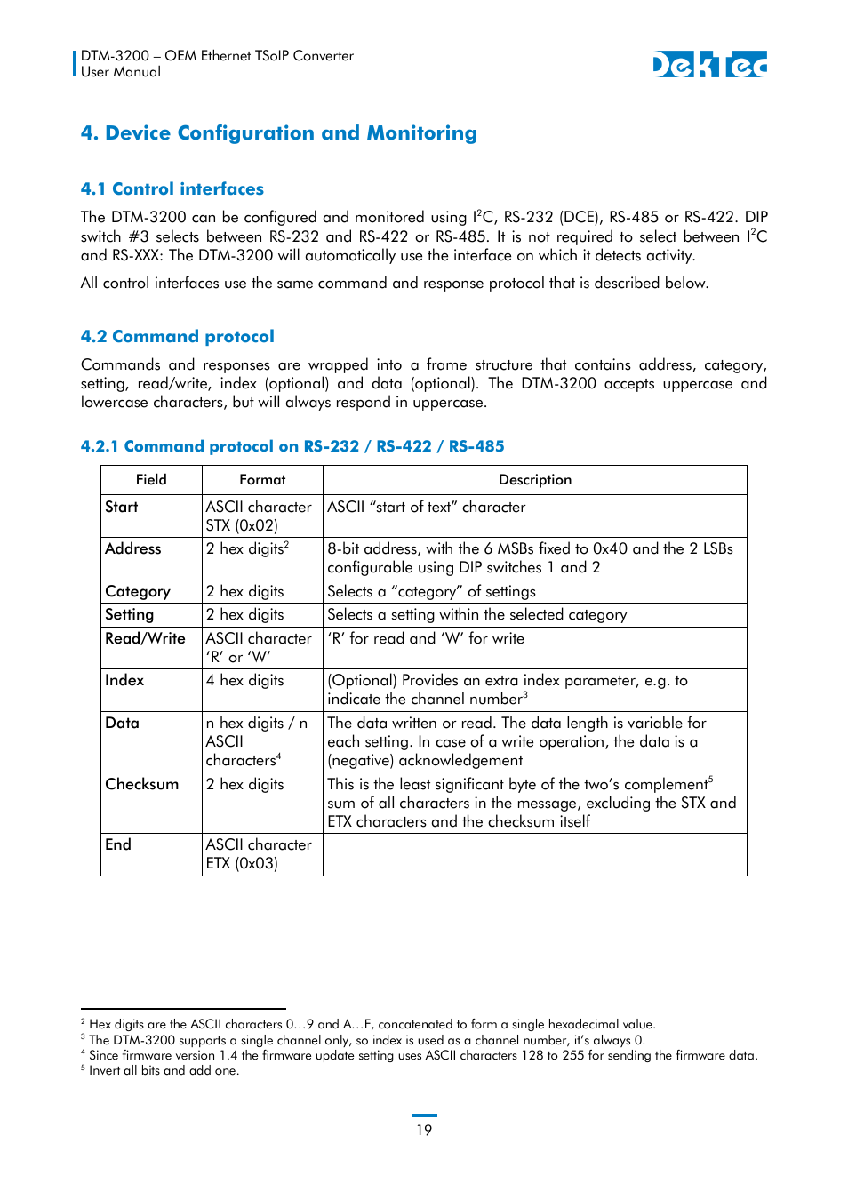 Device configuration and monitoring, 1 control interfaces 4.2 command protocol, 1 command protocol on rs-232 / rs-422 / rs-485 | DekTec DTM-3200 IP-ASI Converter User Manual | Page 19 / 43