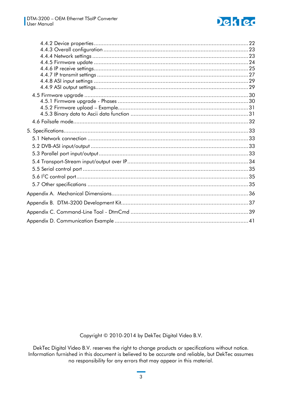 DekTec DTM-3200 IP-ASI Converter User Manual | Page 3 / 43
