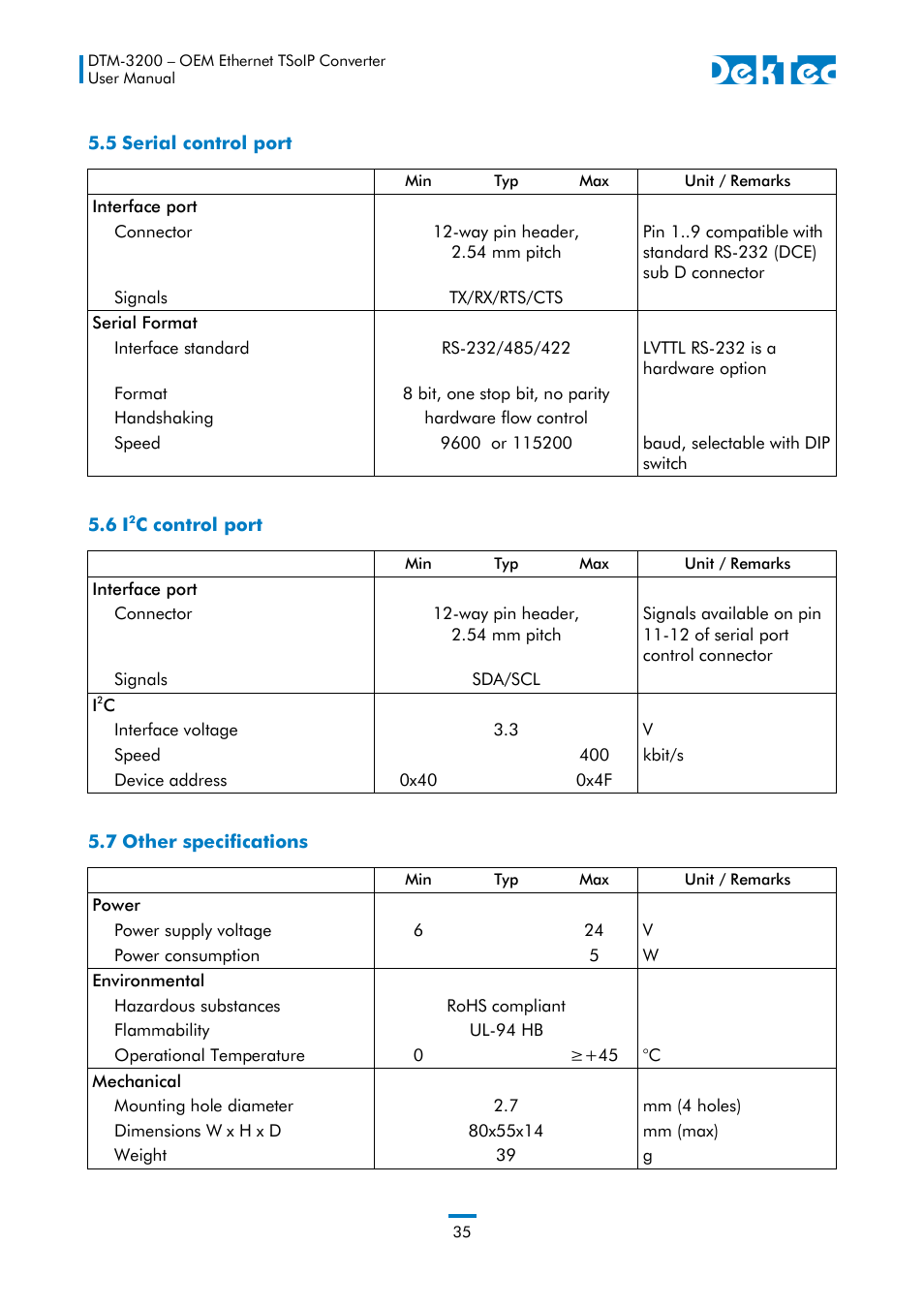 5 serial control port 5.6 i, C control port, 7 other specifications | DekTec DTM-3200 IP-ASI Converter User Manual | Page 35 / 43