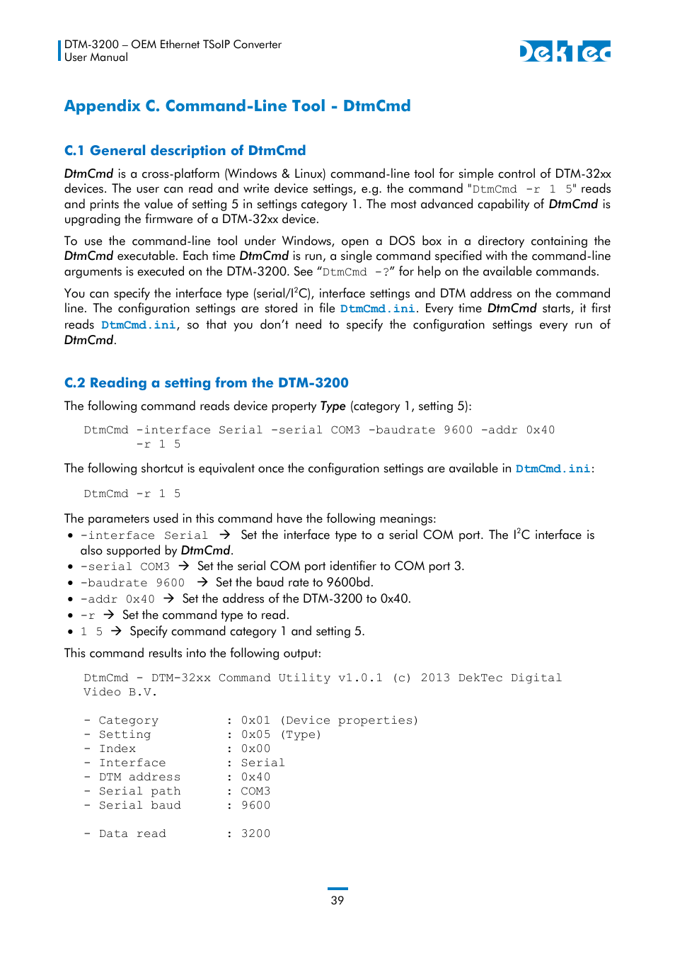 Appendix c. command-line tool - dtmcmd | DekTec DTM-3200 IP-ASI Converter User Manual | Page 39 / 43