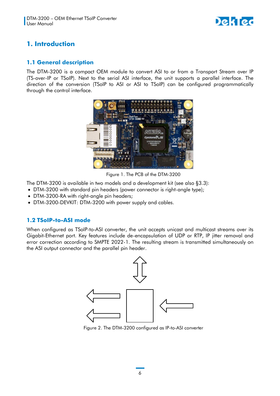 Introduction, 1 general description 1.2 tsoip-to-asi mode | DekTec DTM-3200 IP-ASI Converter User Manual | Page 6 / 43