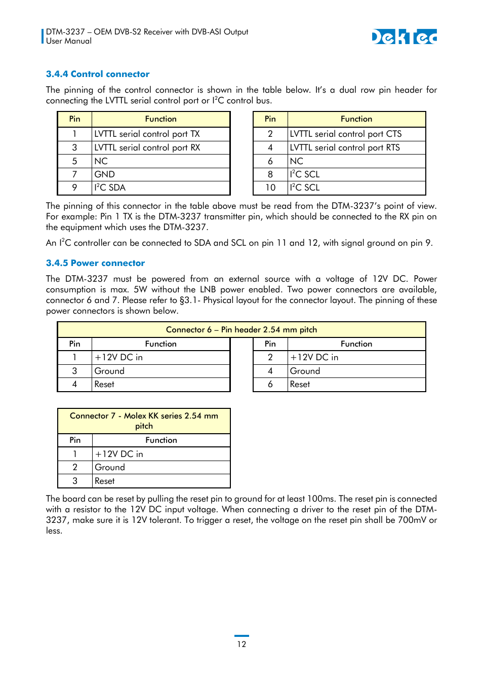 4 control connector, 5 power connector | DekTec DTM-3237 DVB-S2 Receiver User Manual | Page 12 / 37