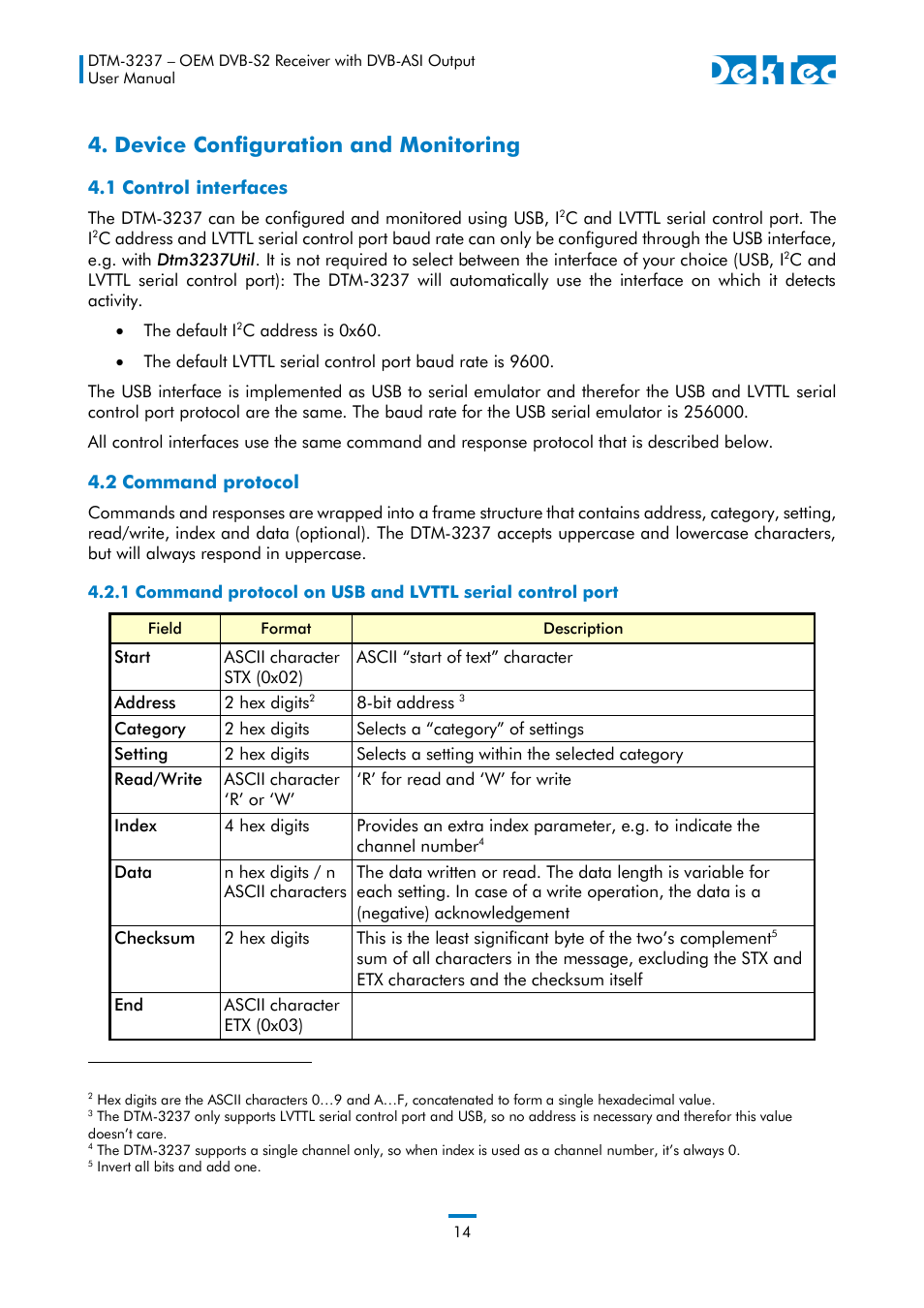 Device configuration and monitoring, 1 control interfaces, 2 command protocol | 1 control interfaces 4.2 command protocol | DekTec DTM-3237 DVB-S2 Receiver User Manual | Page 14 / 37