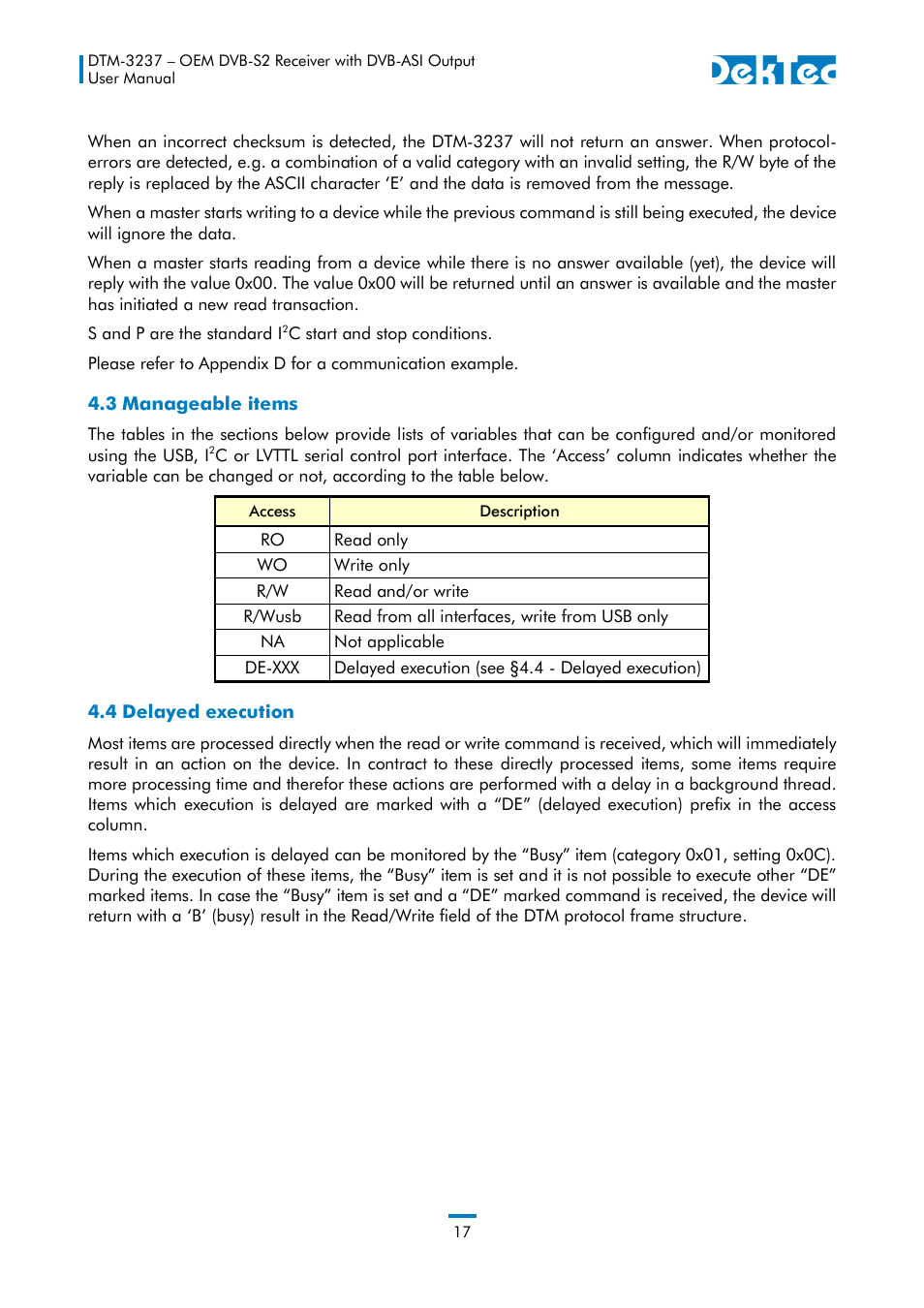 3 manageable items, 4 delayed execution, 3 manageable items 4.4 delayed execution | DekTec DTM-3237 DVB-S2 Receiver User Manual | Page 17 / 37