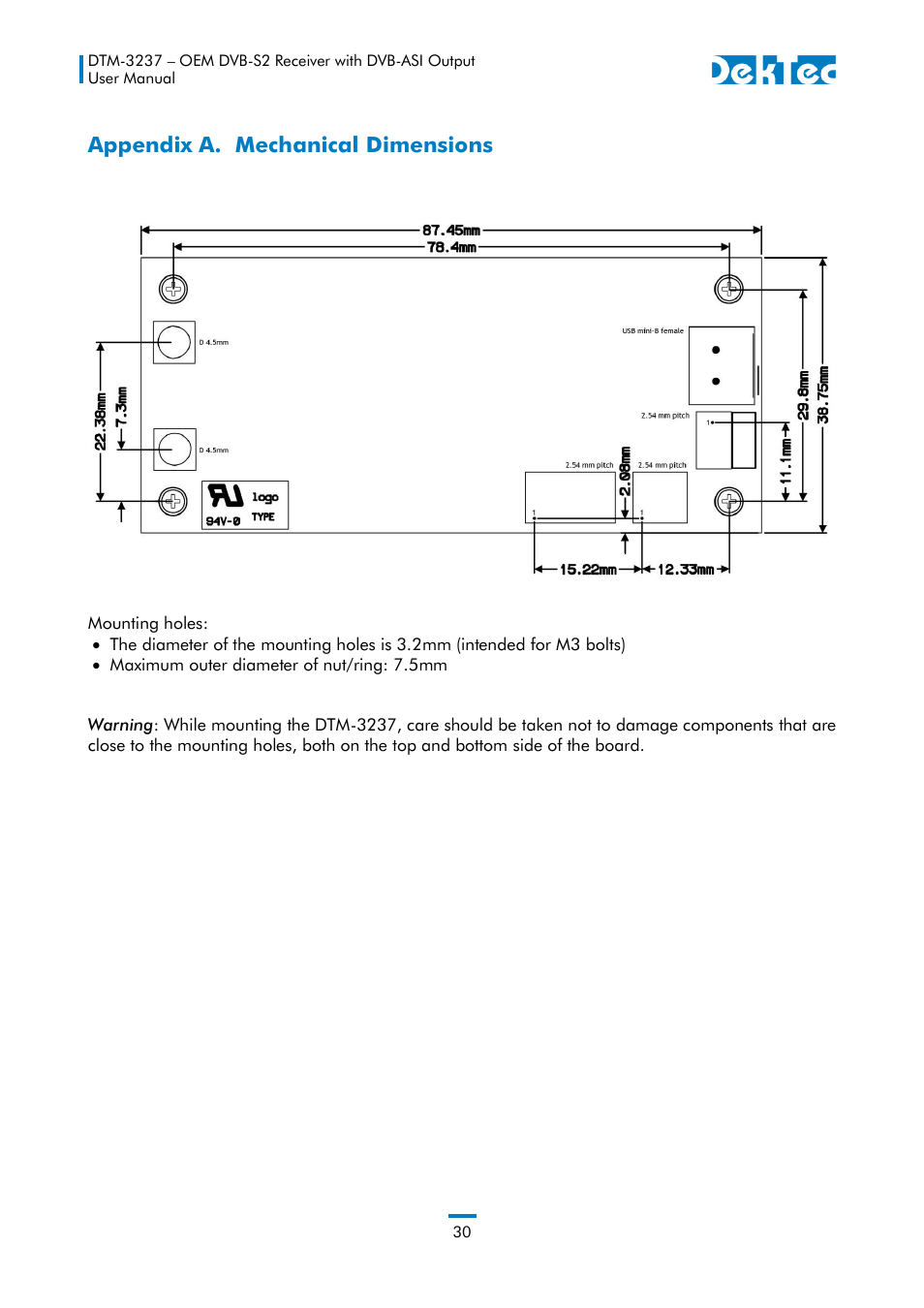 Appendix a. mechanical dimensions | DekTec DTM-3237 DVB-S2 Receiver User Manual | Page 30 / 37