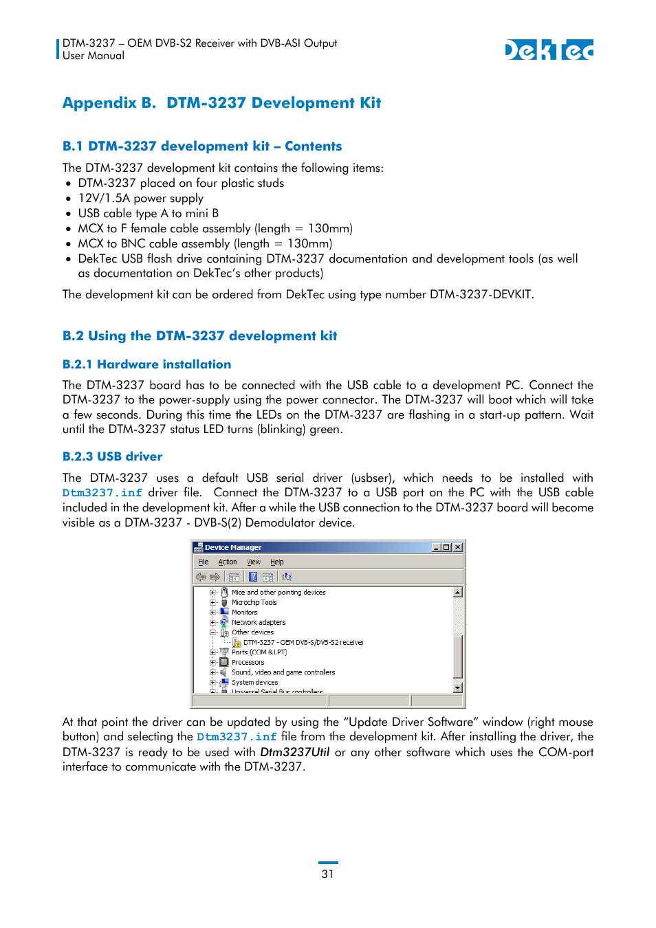 Appendix b. dtm-3237 development kit | DekTec DTM-3237 DVB-S2 Receiver User Manual | Page 31 / 37