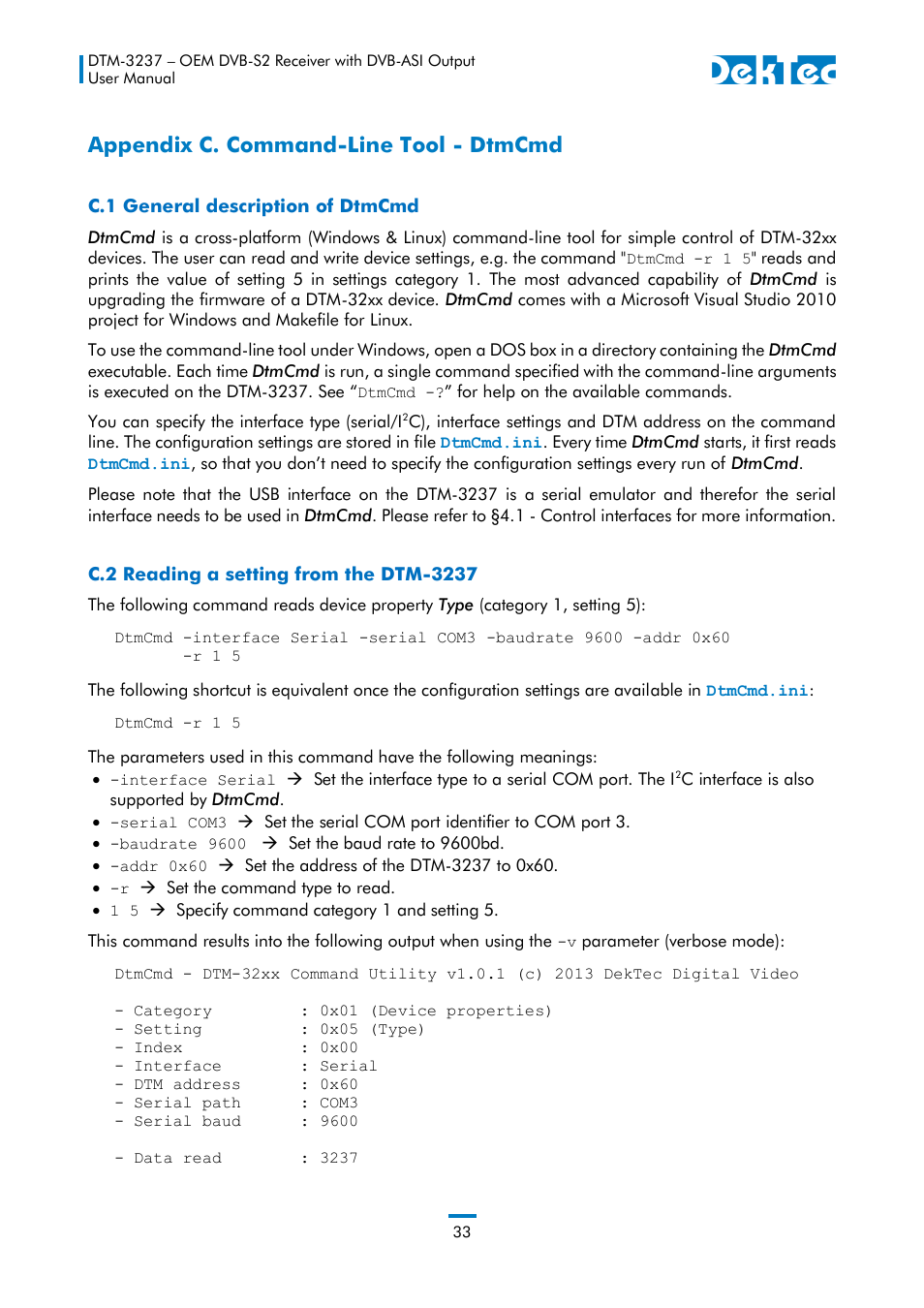 Appendix c. command-line tool - dtmcmd | DekTec DTM-3237 DVB-S2 Receiver User Manual | Page 33 / 37