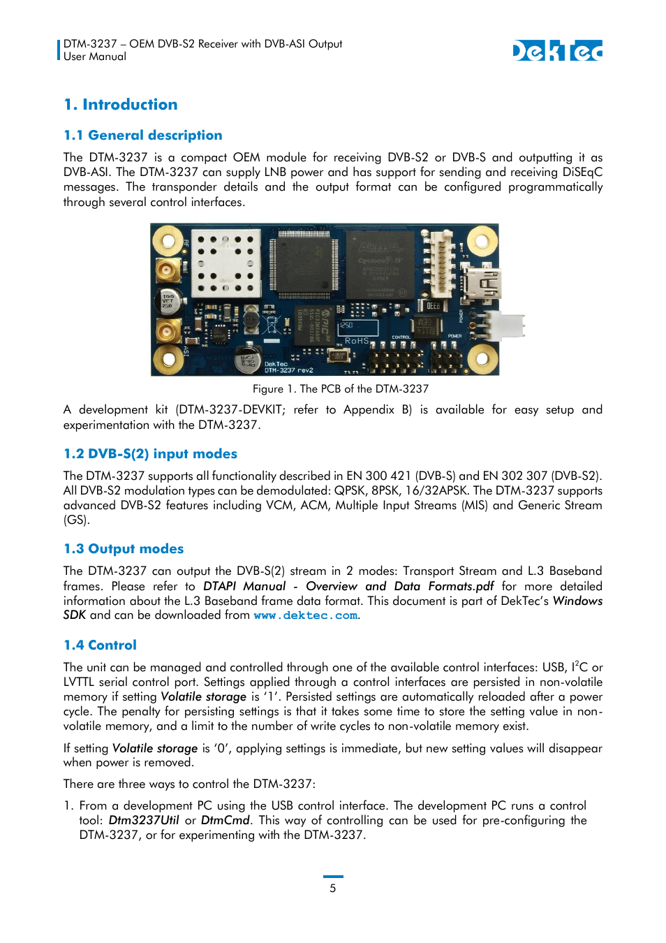 Introduction, 1 general description, 2 dvb-s(2) input modes | 3 output modes, 4 control | DekTec DTM-3237 DVB-S2 Receiver User Manual | Page 5 / 37