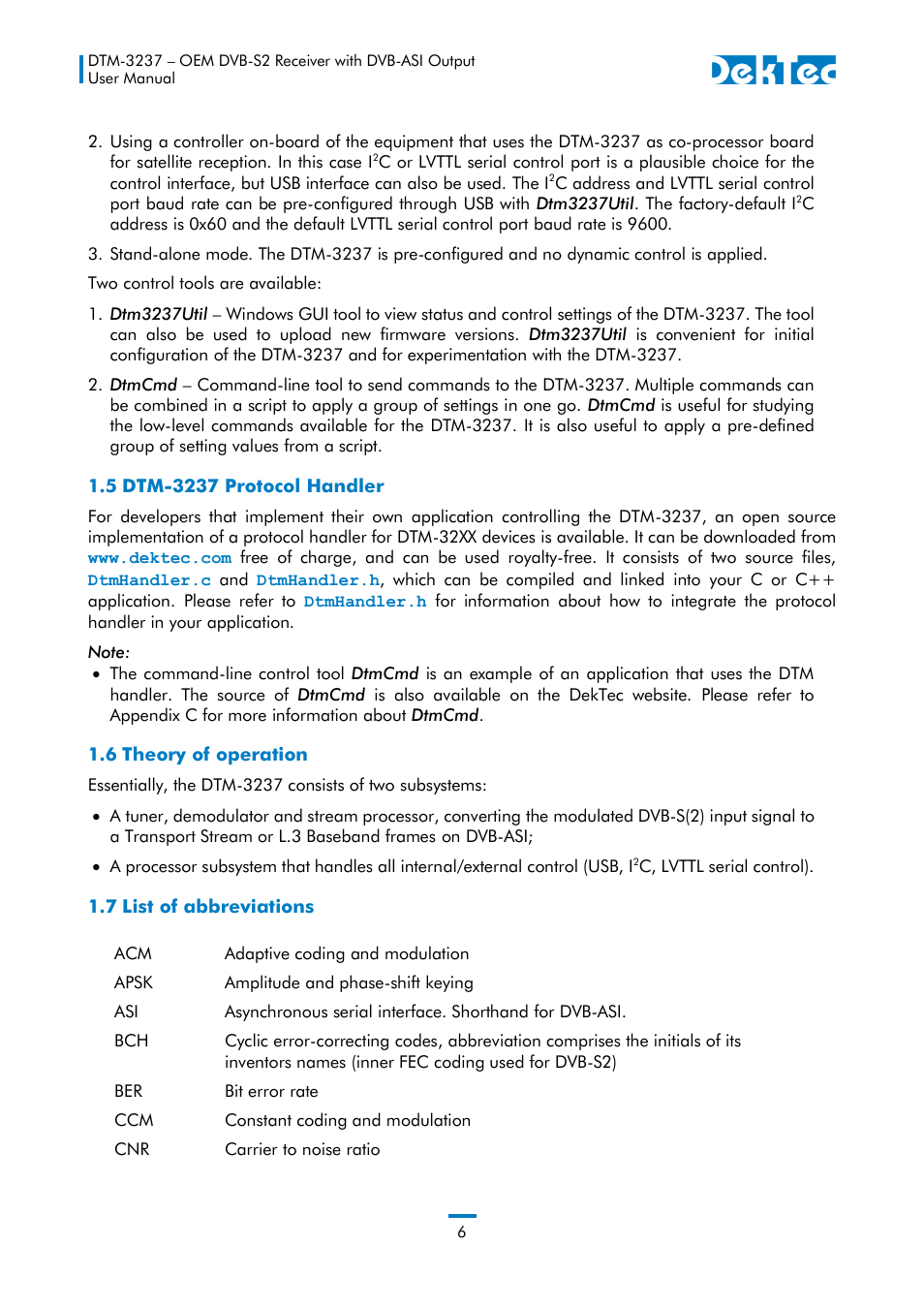 5 dtm-3237 protocol handler, 6 theory of operation, 7 list of abbreviations | DekTec DTM-3237 DVB-S2 Receiver User Manual | Page 6 / 37