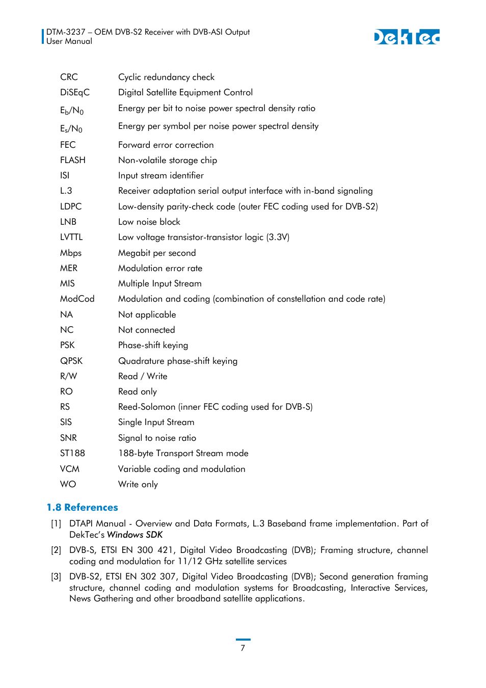 8 references | DekTec DTM-3237 DVB-S2 Receiver User Manual | Page 7 / 37