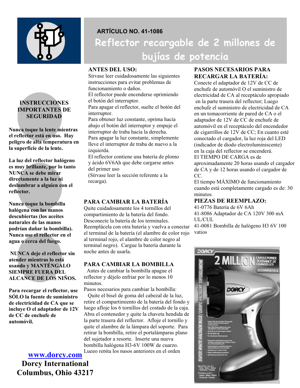 1086 new espanol instruction manual | Dorcy 41-1086 User Manual | Page 2 / 3