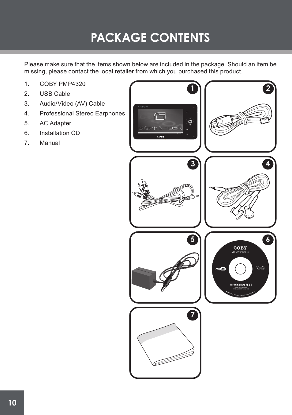 Package contents | COBY electronic PMP4320 User Manual | Page 10 / 45