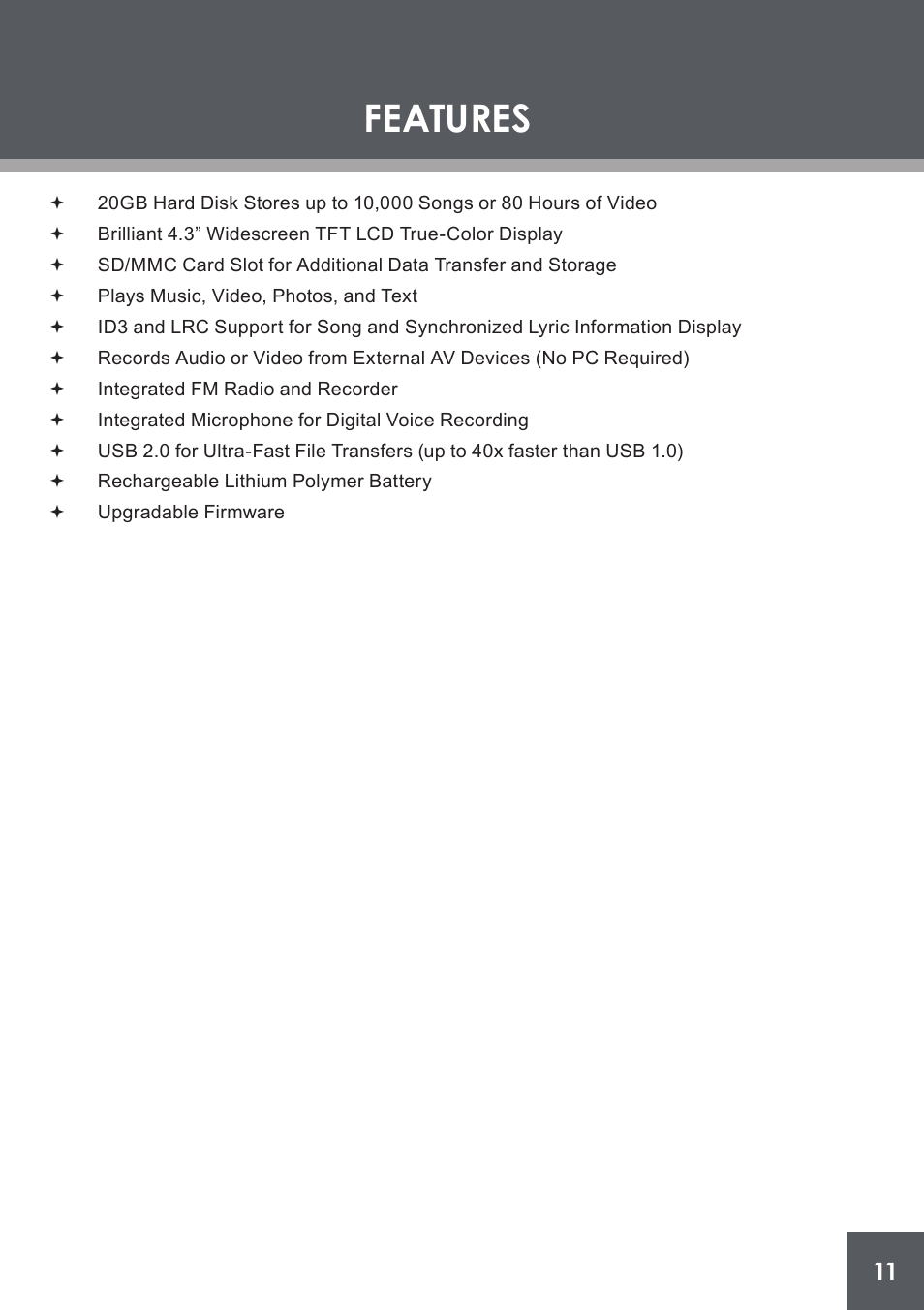 Features | COBY electronic PMP4320 User Manual | Page 11 / 45