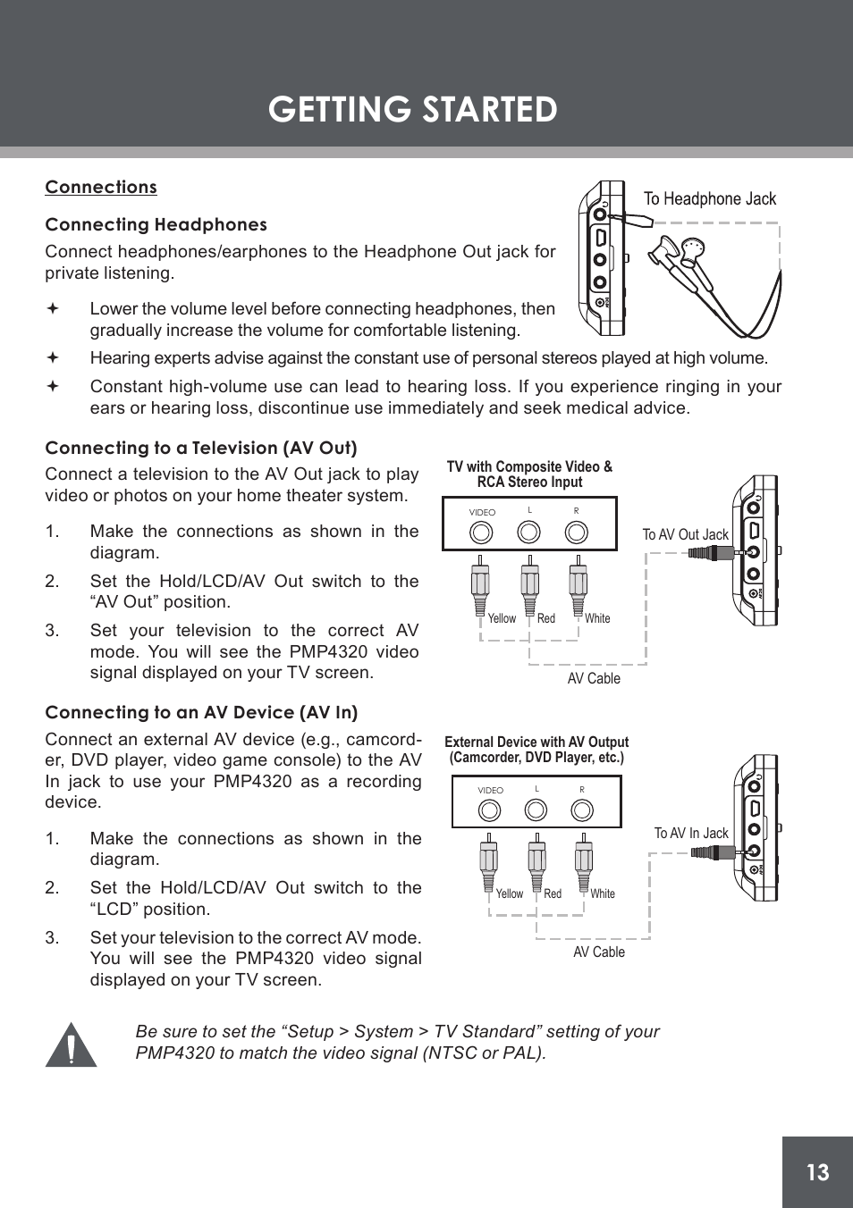 Connections, Connecting headphones, Connecting to a television (av out) | Connecting to an av device (av in), Getting started | COBY electronic PMP4320 User Manual | Page 13 / 45