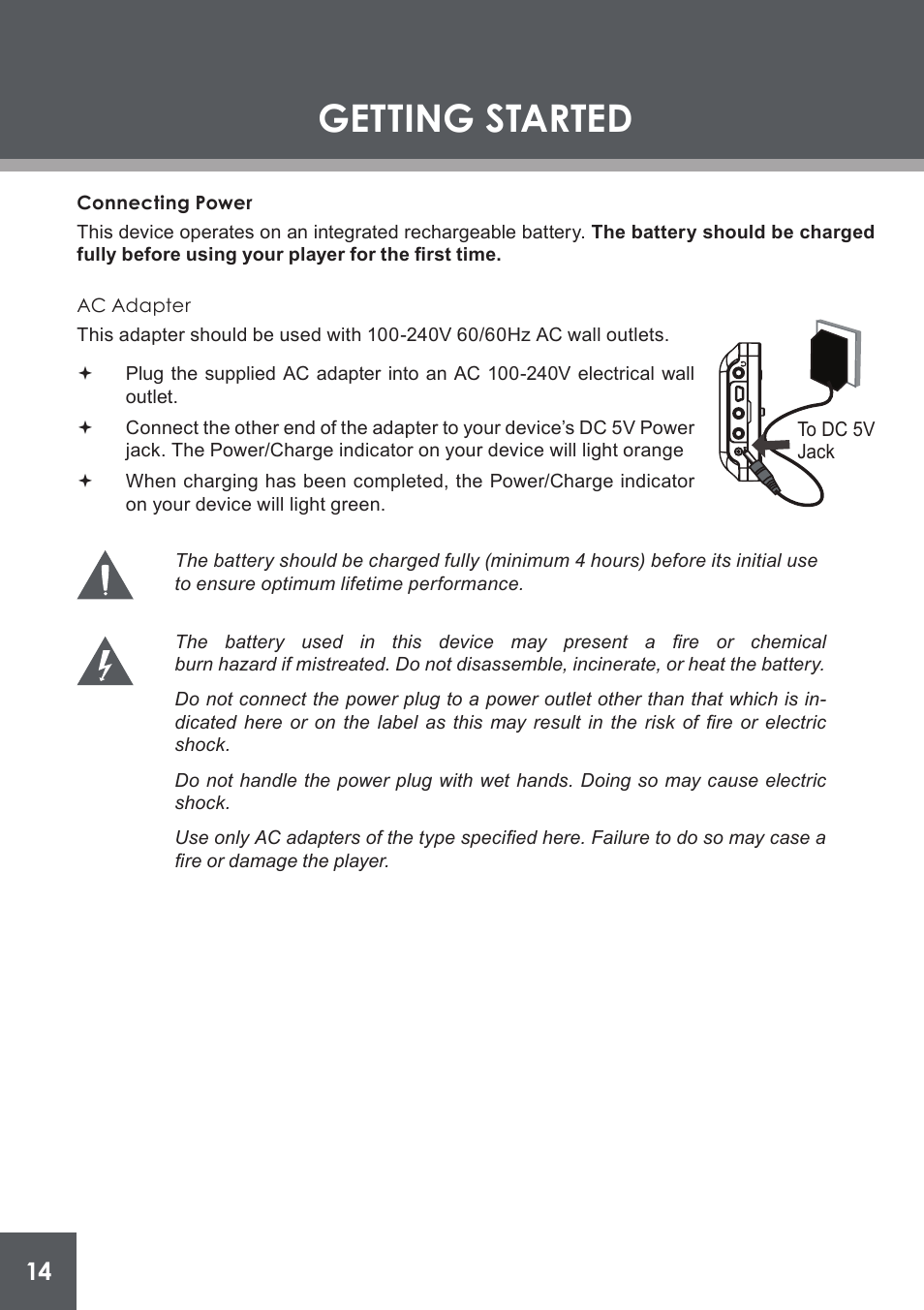 Connecting power, Ac adapter, Getting started | COBY electronic PMP4320 User Manual | Page 14 / 45