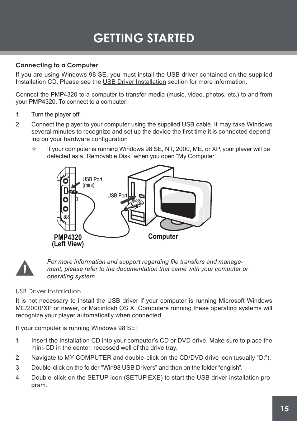 Connecting to a computer, Usb driver installation, Getting started | Pmp4320 (left view) computer | COBY electronic PMP4320 User Manual | Page 15 / 45