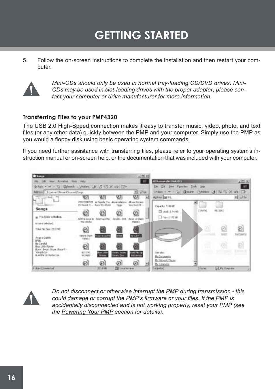Transferring files to your pmp4320, Getting started | COBY electronic PMP4320 User Manual | Page 16 / 45
