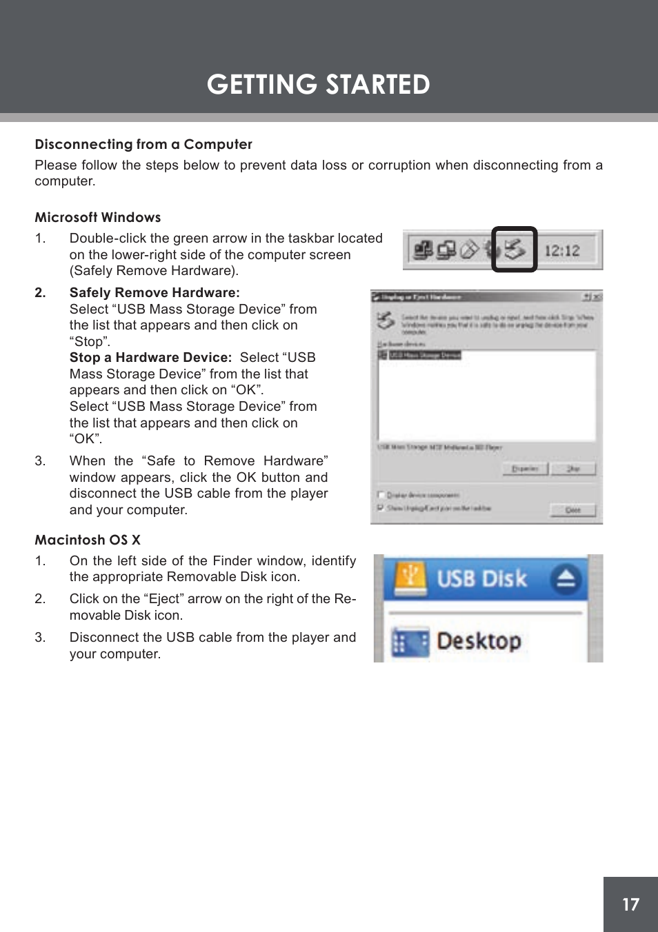 Disconnecting from a computer, Microsoft windows, Macintosh os x | Getting started | COBY electronic PMP4320 User Manual | Page 17 / 45