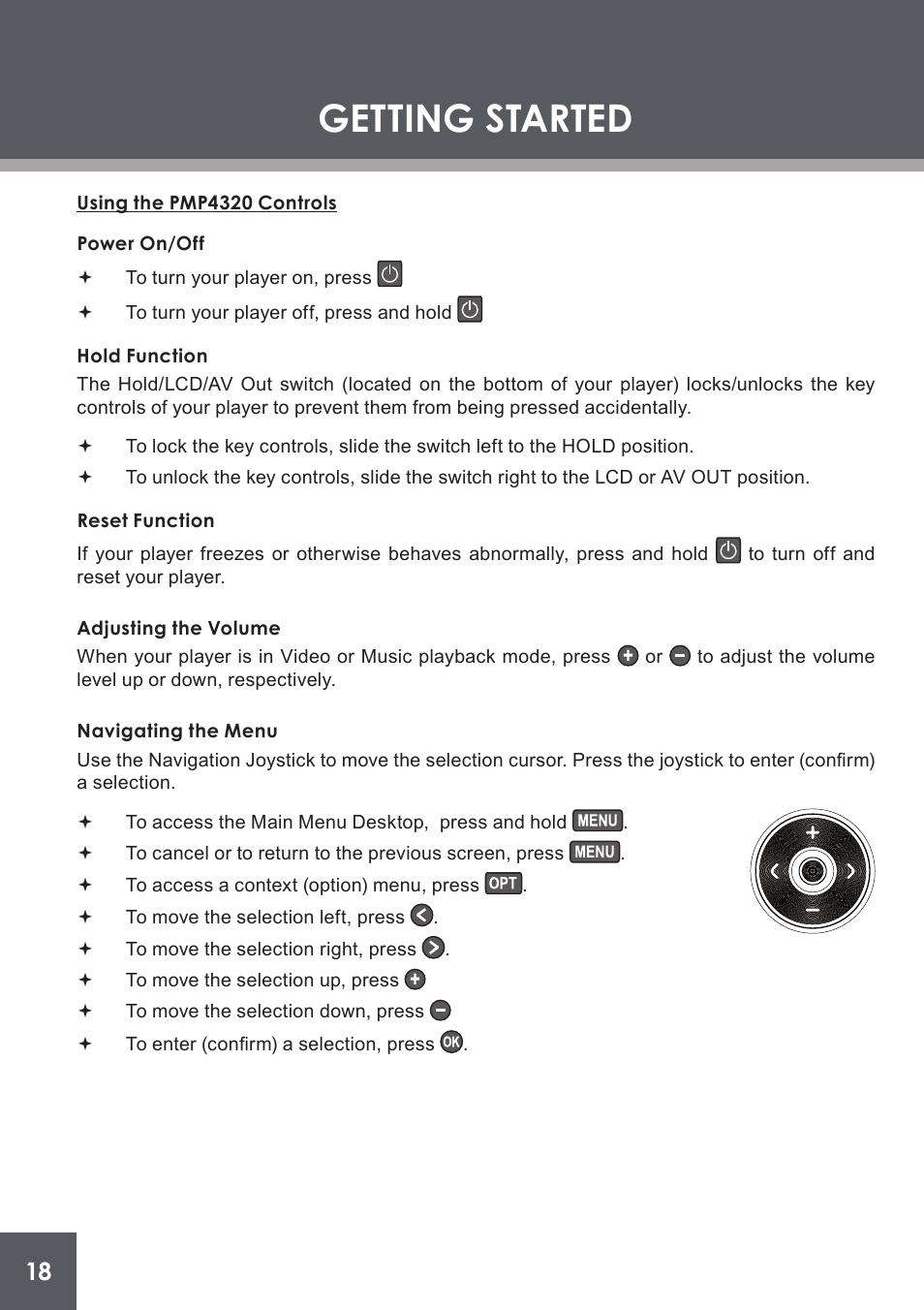 Using the pmp4320 controls, Power on/off, Hold function | Reset function, Adjusting the volume, Navigating the menu, Getting started | COBY electronic PMP4320 User Manual | Page 18 / 45