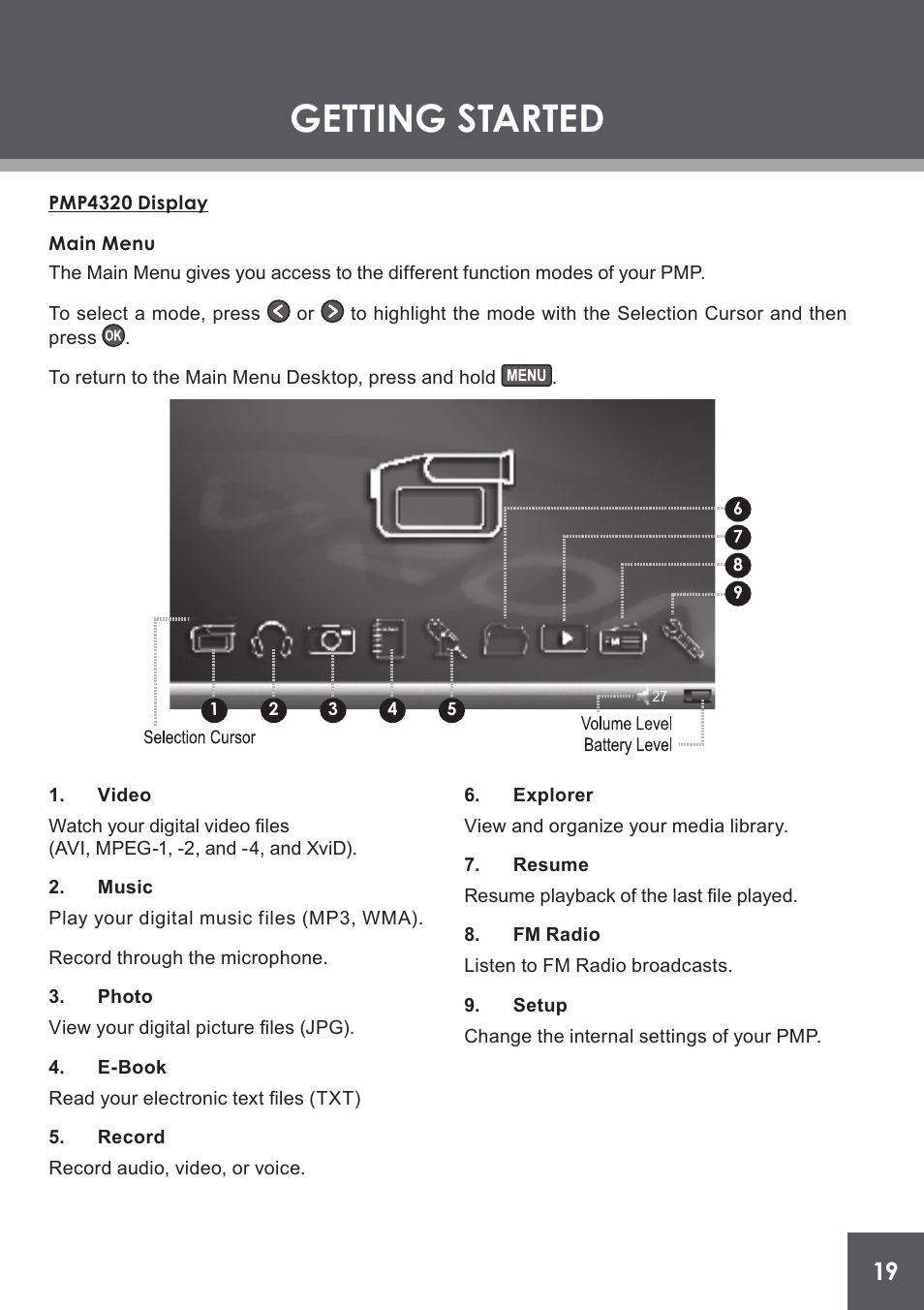 Pmp4320 display, Main menu, Getting started | COBY electronic PMP4320 User Manual | Page 19 / 45