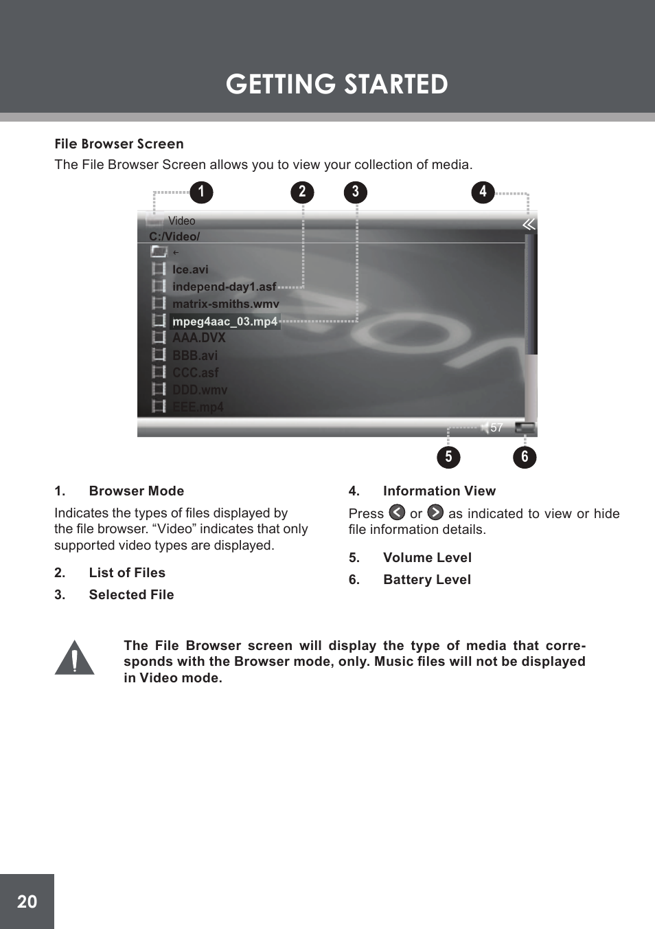 File browser screen, Getting started | COBY electronic PMP4320 User Manual | Page 20 / 45