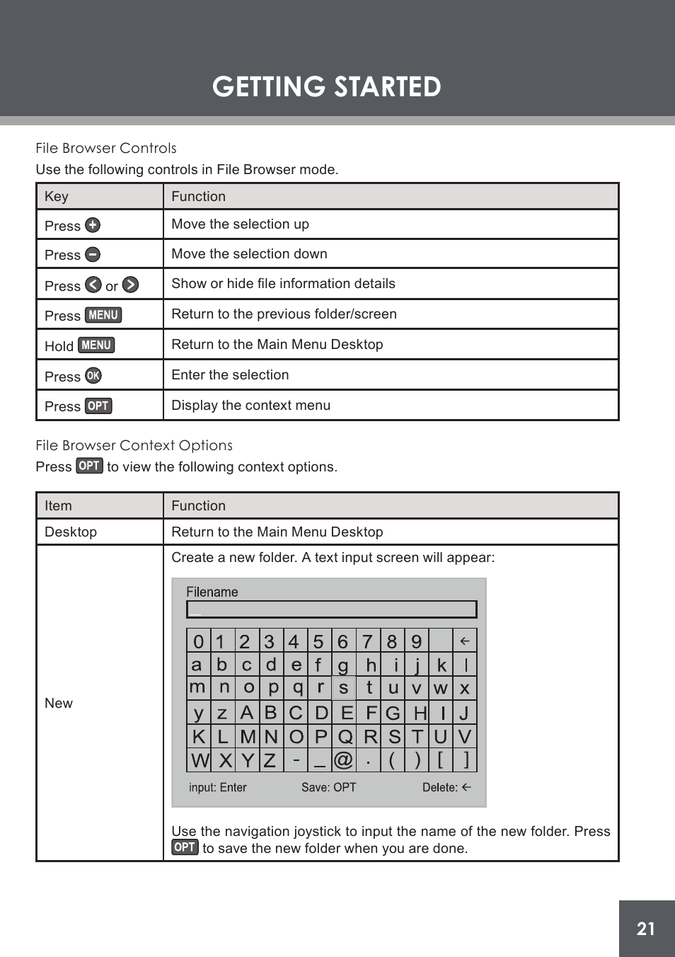 File browser controls, File browser context options, Getting started | COBY electronic PMP4320 User Manual | Page 21 / 45