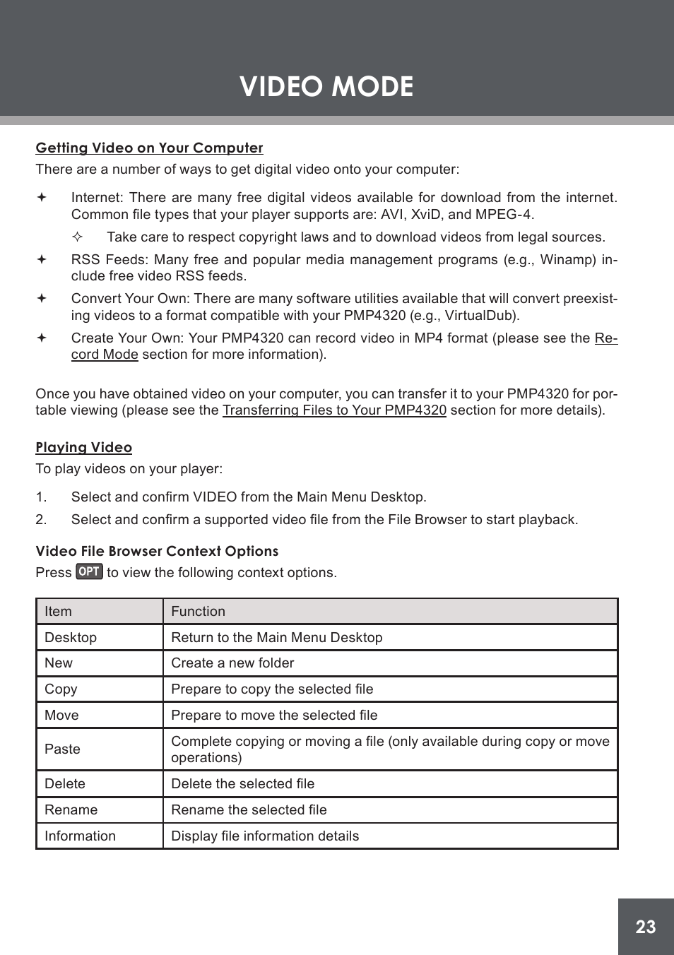Video mode, Getting video on your computer, Playing video | Video file browser context options | COBY electronic PMP4320 User Manual | Page 23 / 45