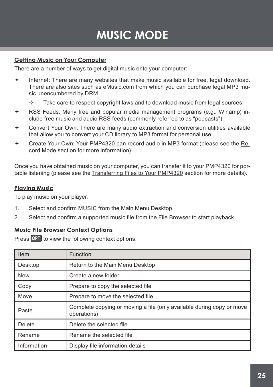 Music mode, Getting music on your computer, Playing music | Music file browser context options | COBY electronic PMP4320 User Manual | Page 25 / 45