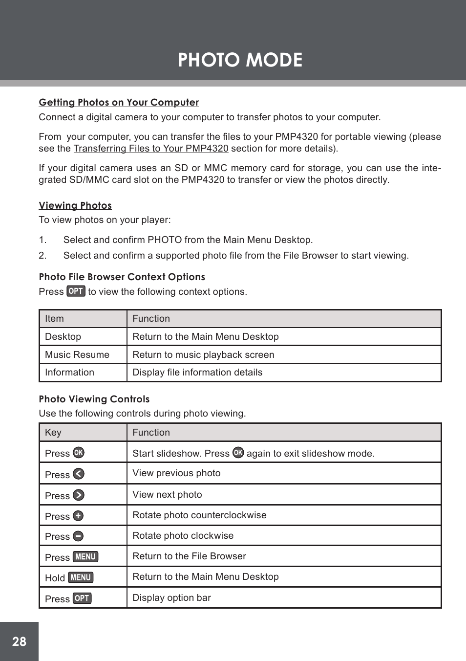 Photo mode, Getting photos on your computer, Viewing photos | Photo file browser context options, Photo viewing controls | COBY electronic PMP4320 User Manual | Page 28 / 45