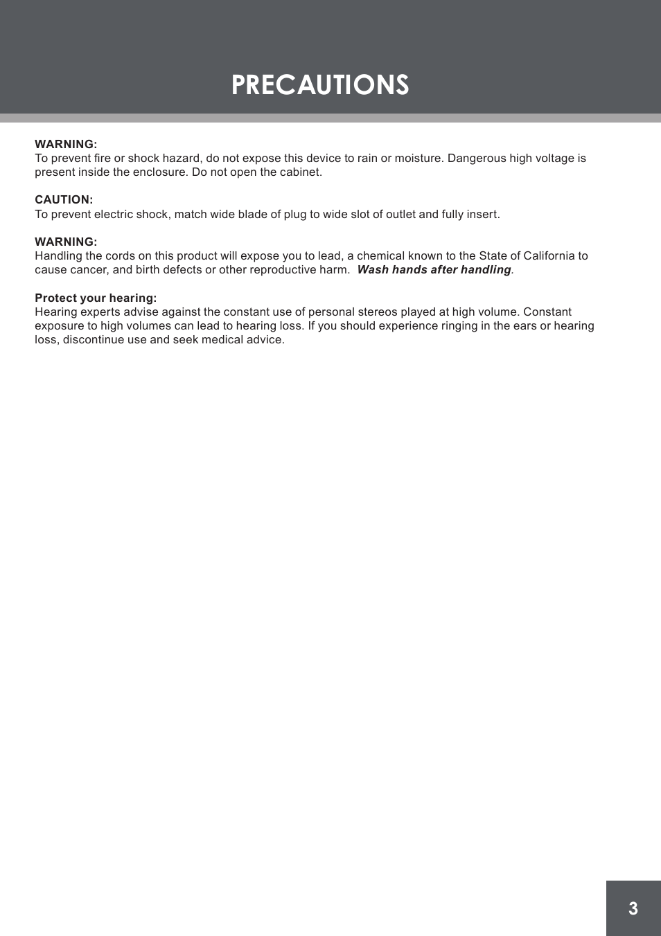 Precautions | COBY electronic PMP4320 User Manual | Page 3 / 45