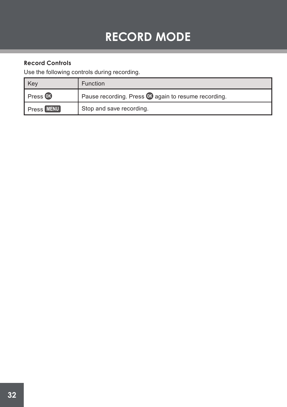 Record controls, Record mode | COBY electronic PMP4320 User Manual | Page 32 / 45