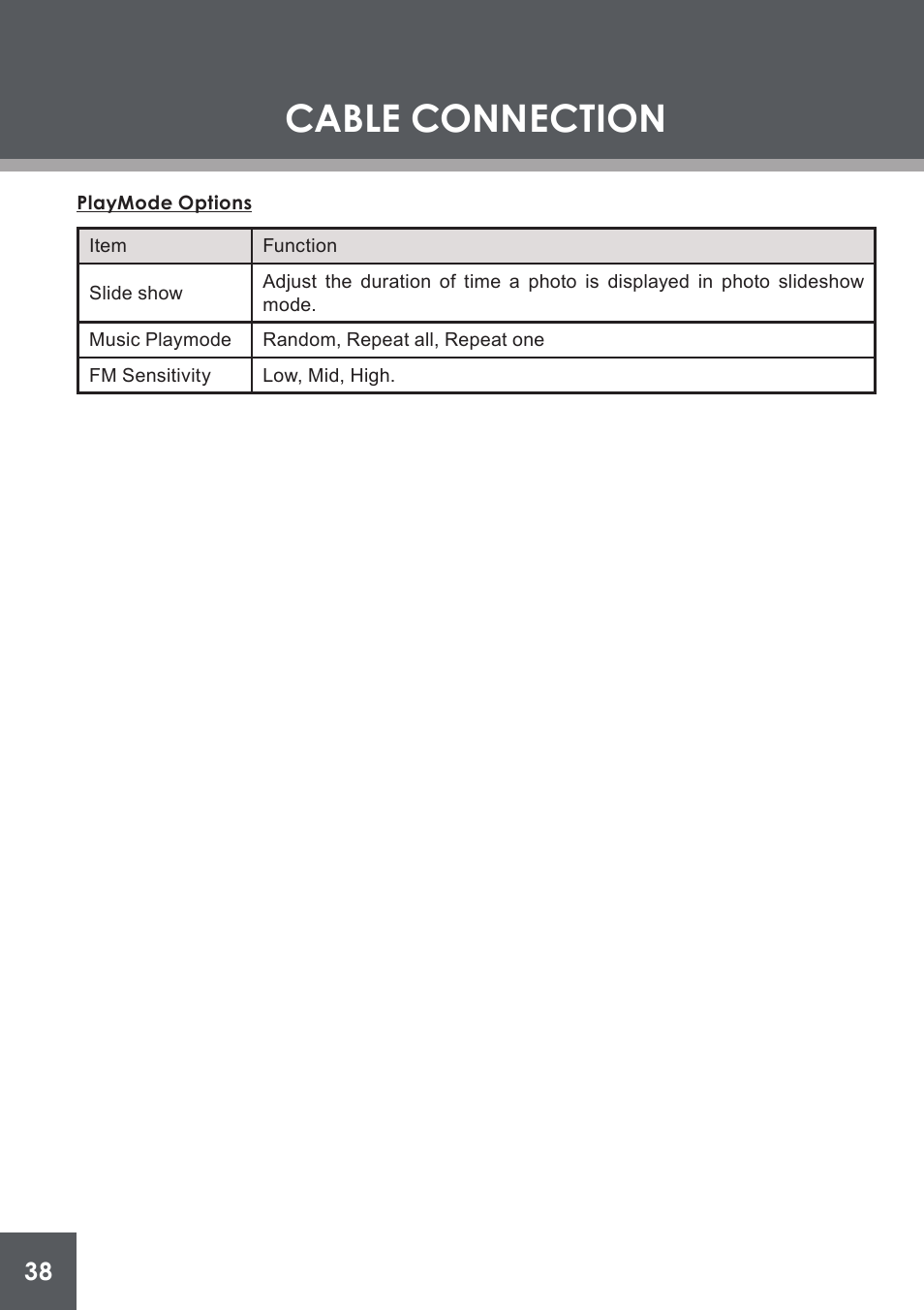 Playmode options, Cable connection | COBY electronic PMP4320 User Manual | Page 38 / 45