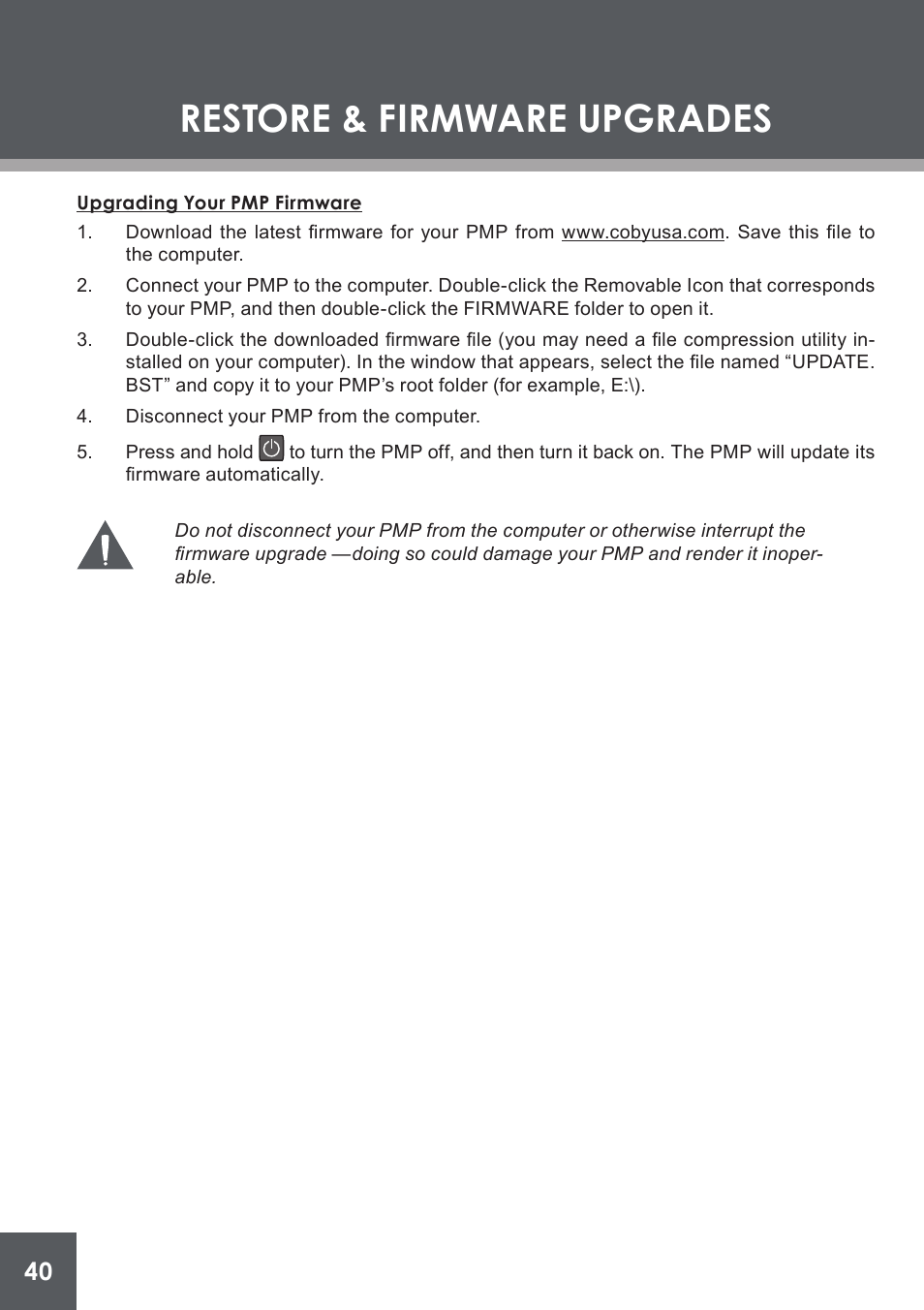 Upgrading your pmp firmware, Restore & firmware upgrades | COBY electronic PMP4320 User Manual | Page 40 / 45