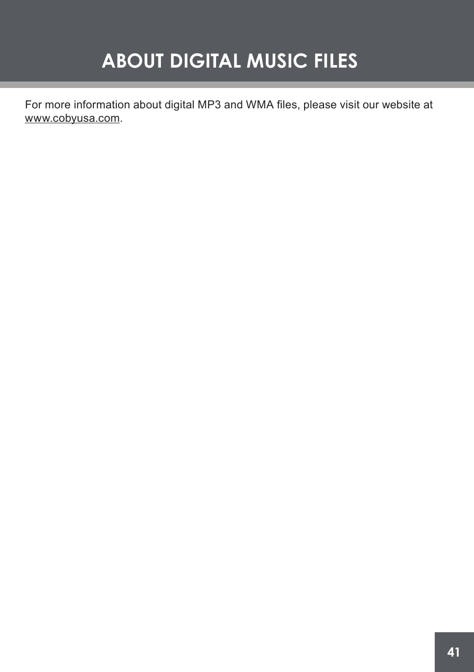 About digital music files | COBY electronic PMP4320 User Manual | Page 41 / 45