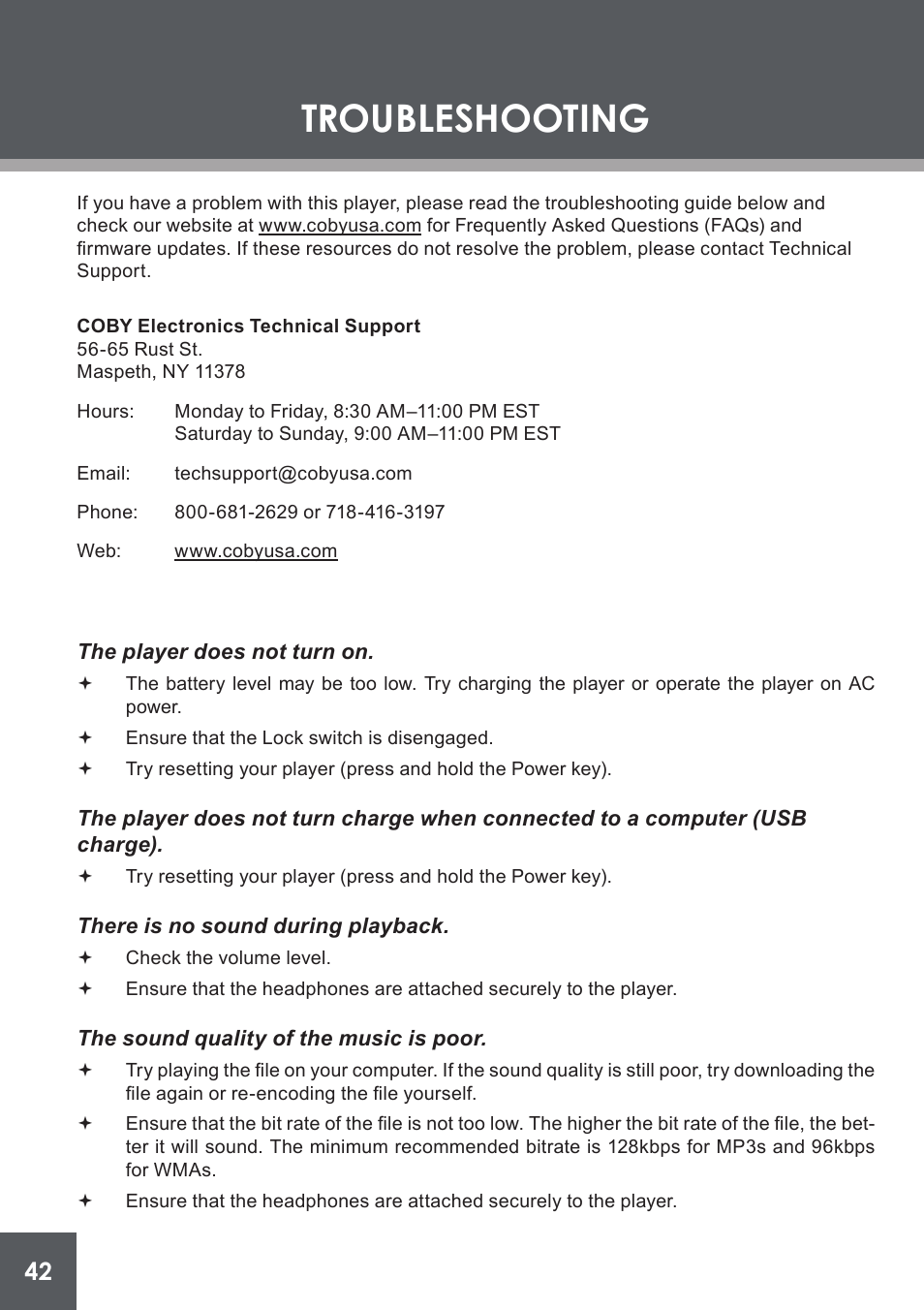Troubleshooting | COBY electronic PMP4320 User Manual | Page 42 / 45