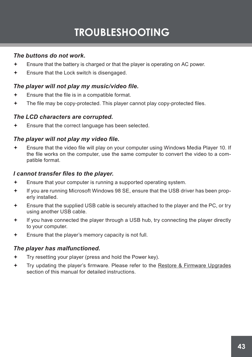 Troubleshooting | COBY electronic PMP4320 User Manual | Page 43 / 45