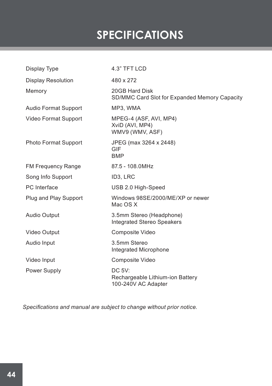Specifications | COBY electronic PMP4320 User Manual | Page 44 / 45