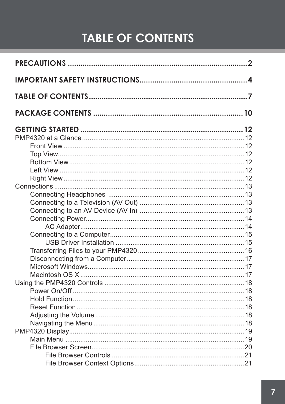 COBY electronic PMP4320 User Manual | Page 7 / 45