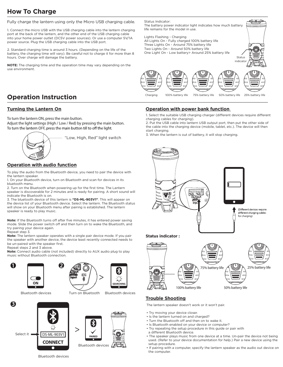How to charge, Operation instruction, Connect | Trouble shooting operation with audio function | Dorcy 41-1087 User Manual | Page 2 / 2