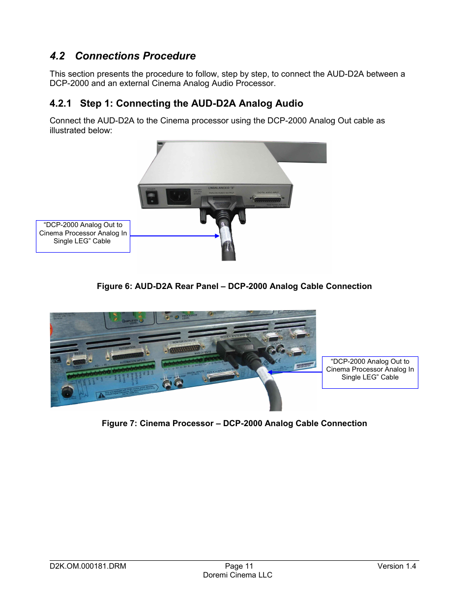 2 connections procedure, 1 step 1: connecting the aud-d2a analog audio | Doremi AUD-D2A User Manual | Page 11 / 13