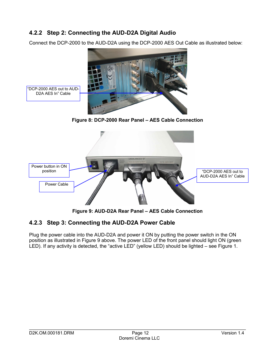 2 step 2: connecting the aud-d2a digital audio, 3 step 3: connecting the aud-d2a power cable | Doremi AUD-D2A User Manual | Page 12 / 13