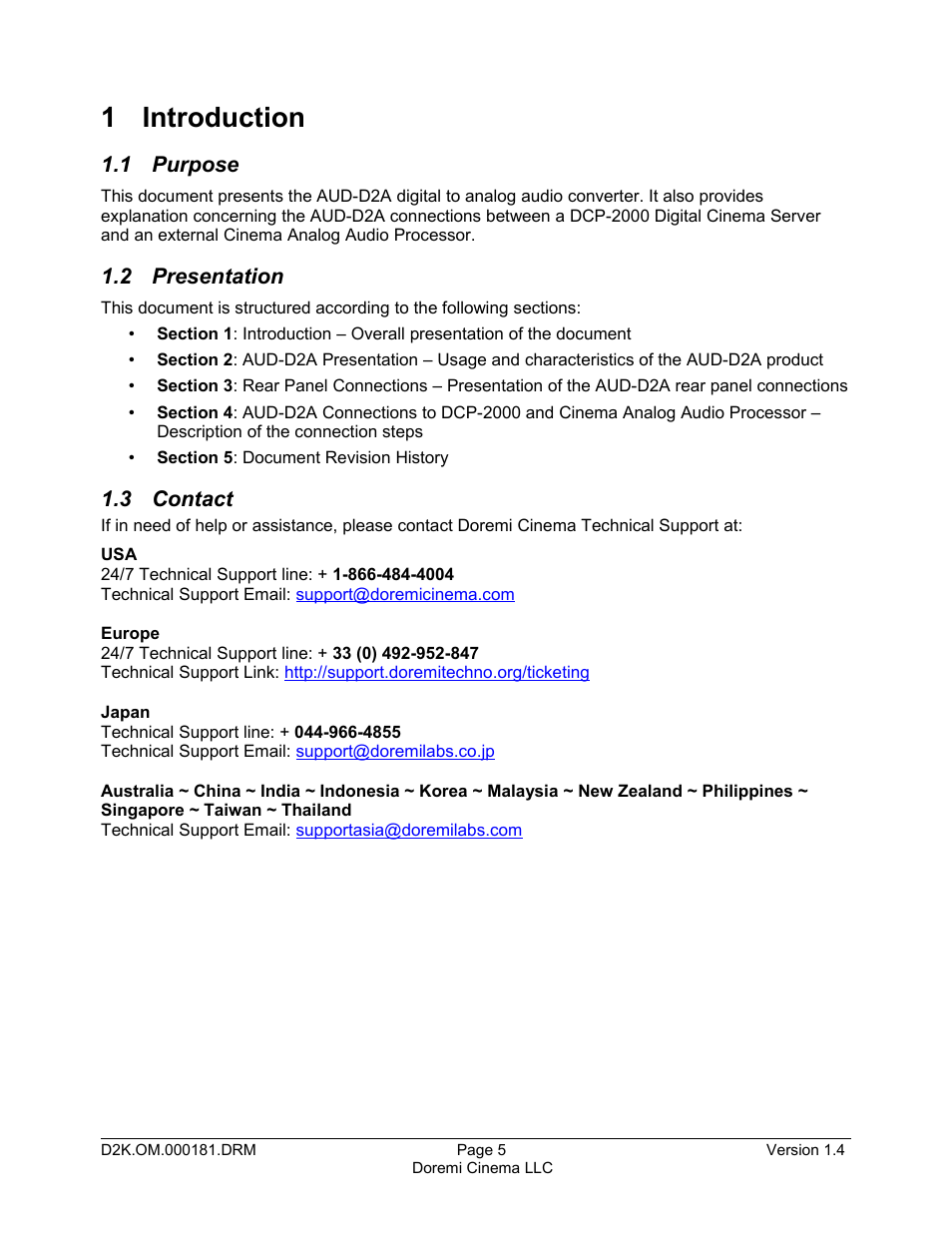 1 introduction, 1 purpose, 2 presentation | 3 contact | Doremi AUD-D2A User Manual | Page 5 / 13