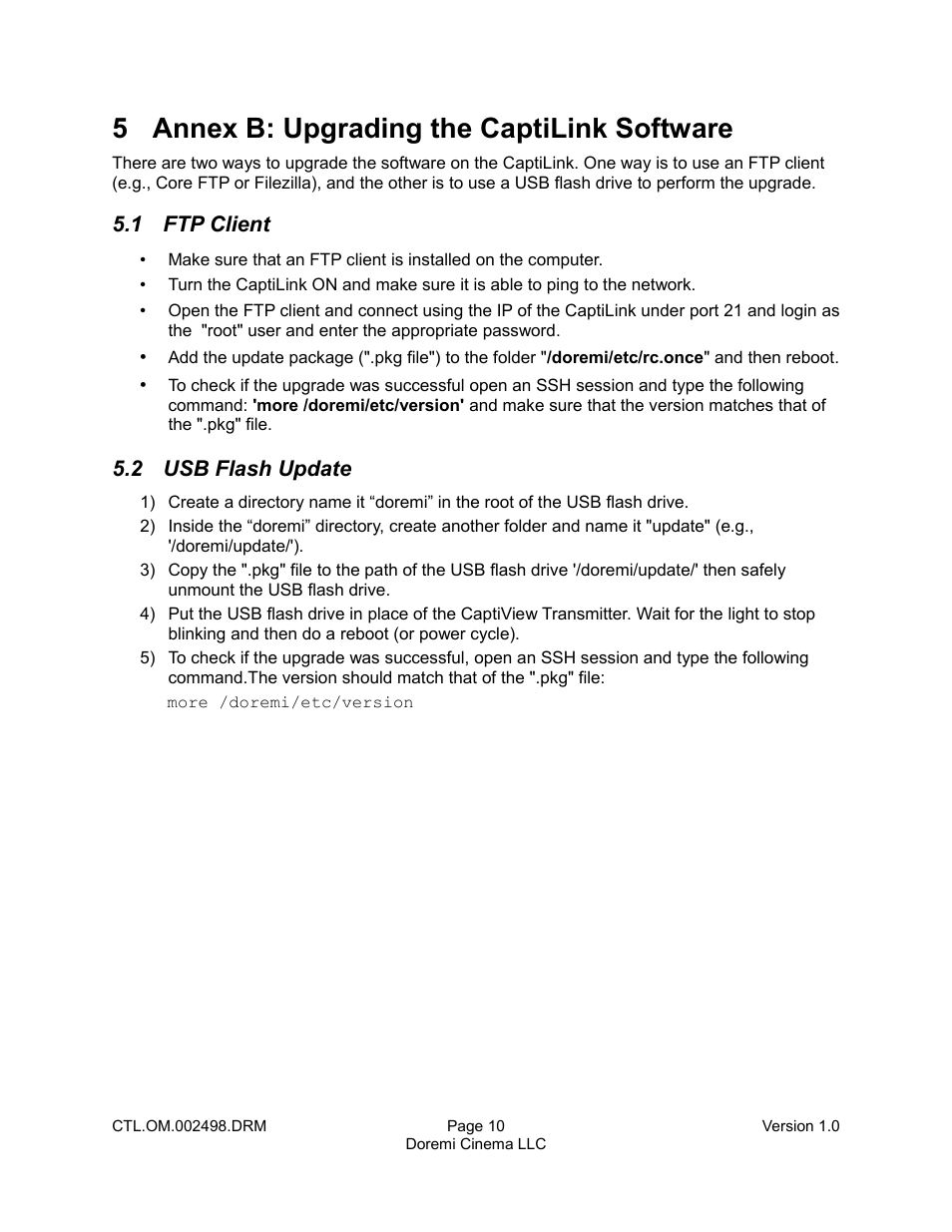 5 annex b: upgrading the captilink software, 1 ftp client, 2 usb flash update | Doremi CaptiView User Manual | Page 10 / 14