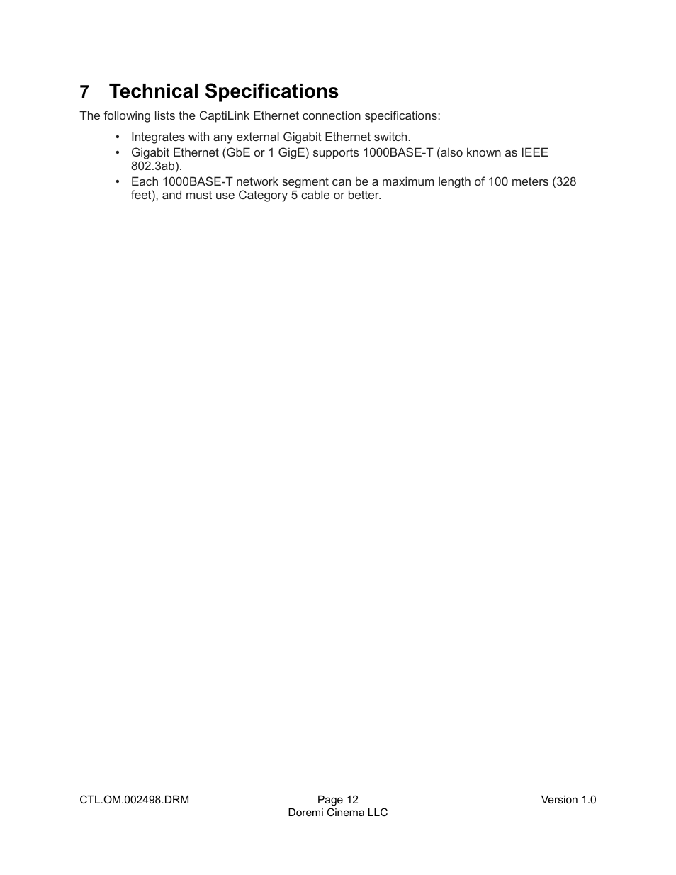 7 technical specifications, Technical specifications | Doremi CaptiView User Manual | Page 12 / 14