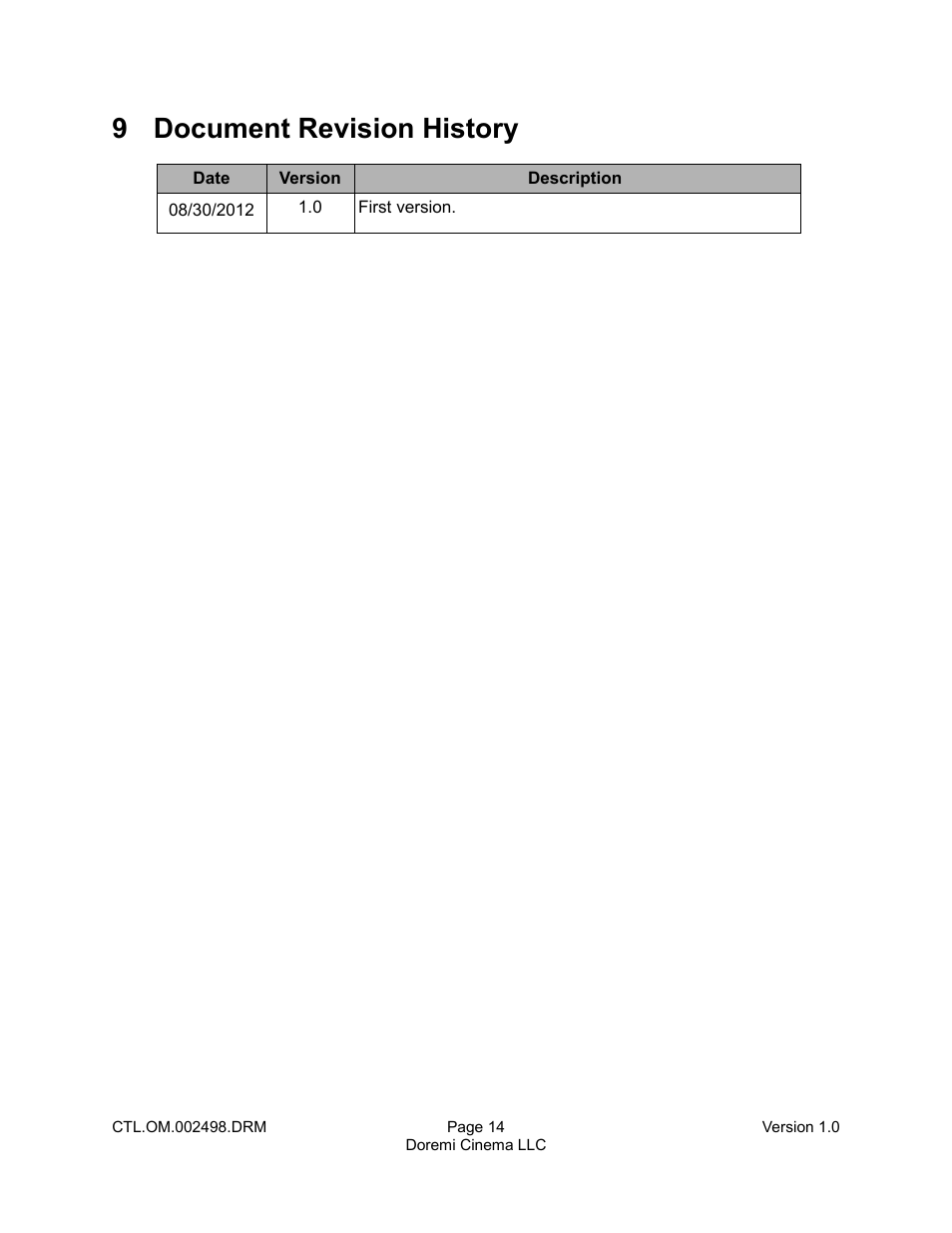 9 document revision history | Doremi CaptiView User Manual | Page 14 / 14
