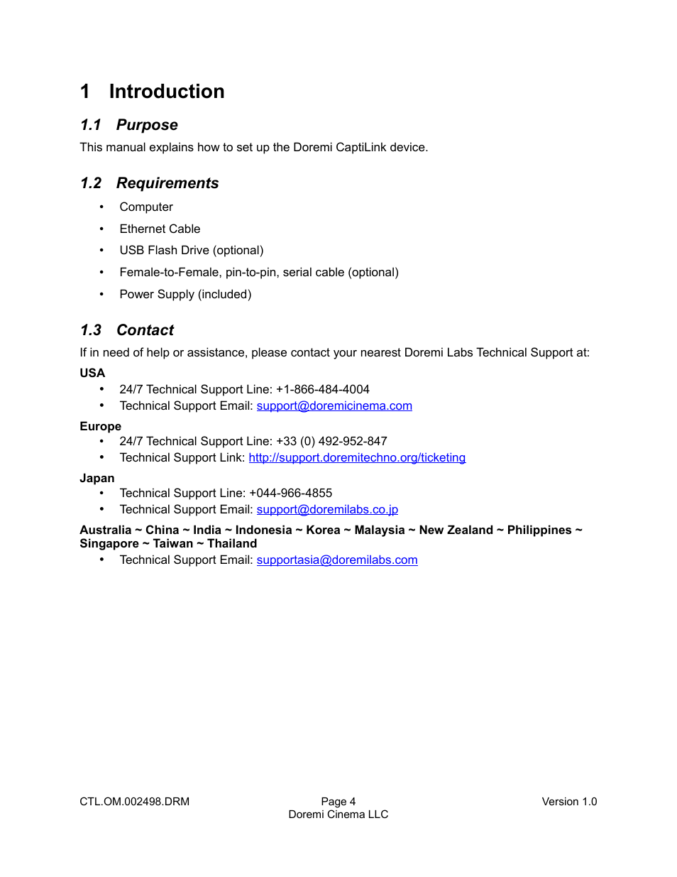 1 introduction, 1 purpose, 2 requirements | 3 contact | Doremi CaptiView User Manual | Page 4 / 14