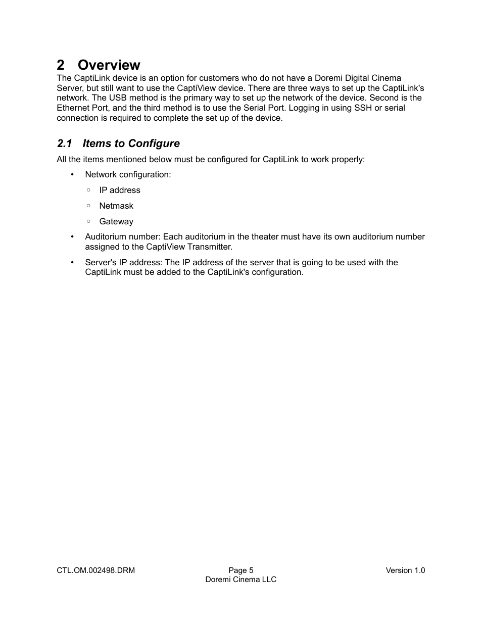 2 overview, 1 items to configure | Doremi CaptiView User Manual | Page 5 / 14