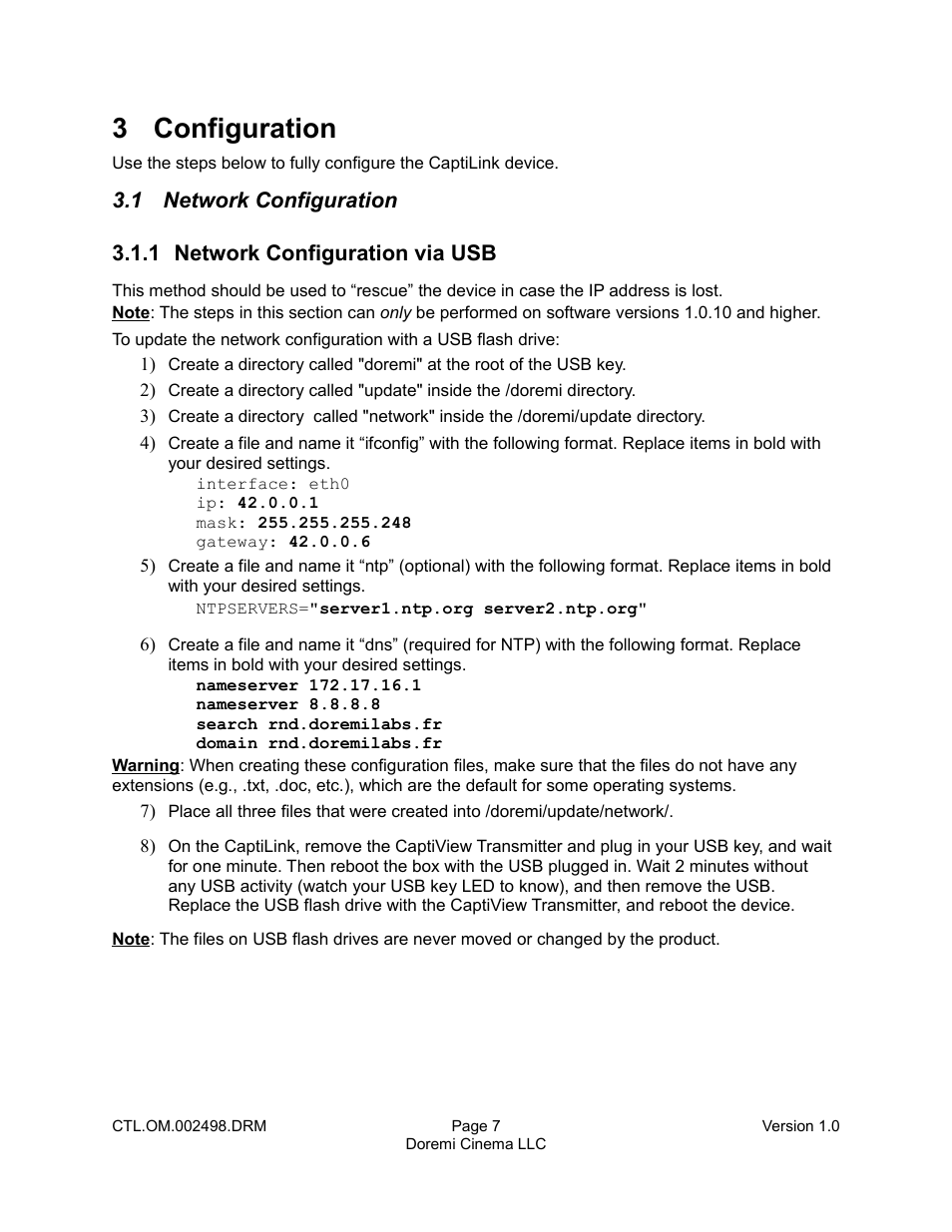 3 configuration, 1 network configuration, 1 network configuration via usb | Doremi CaptiView User Manual | Page 7 / 14